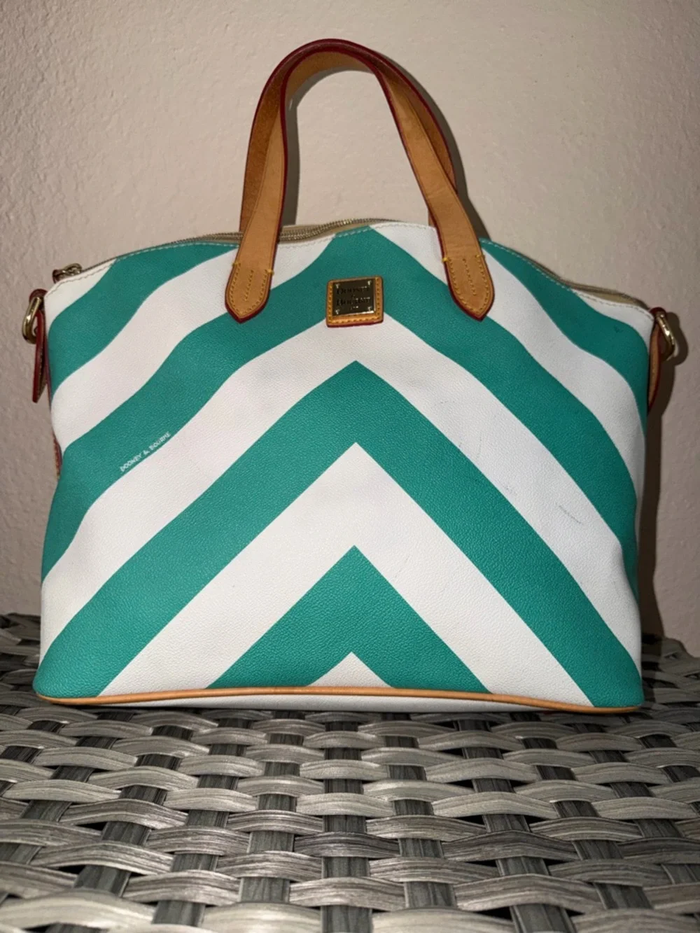 Dooney & Bourke Olivia Chevron Satchel Teal & White Stripes - Leather Top Handle - Picture 4 of 15